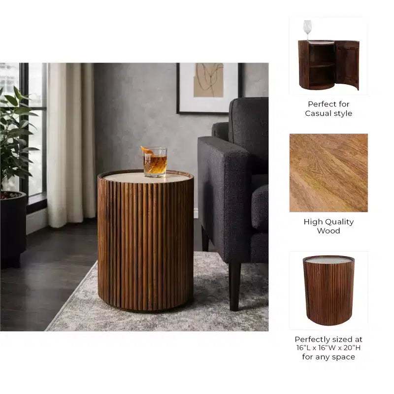 Tavolino Laterale Decorativo in Legno Scanalato con Piano in Marmo e Spazio Contenitivo - Piccolo Tavolino d'Appoggio per Arredo Camera da Letto o Soggiorno