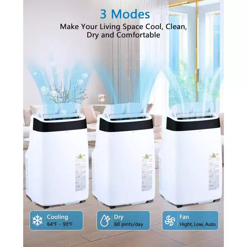 Condizionatore portatile da 10000 BTU, climatizzatore domestico con telecomando per ambienti fino a 42 mq, funzioni 3-in-1/timer 24 ore/ruote piroettanti