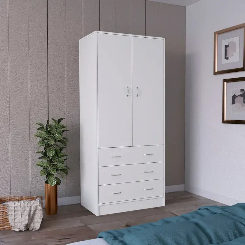 Armadio moderno a due ante con 3 cassetti e 1 bastone appendiabiti per camera da letto