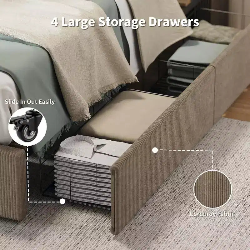 CuisinSmart - Struttura letto in velluto a coste con testiera, struttura letto imbottita con piattaforma con 4 cassetti portaoggetti e supporto a doghe in legno