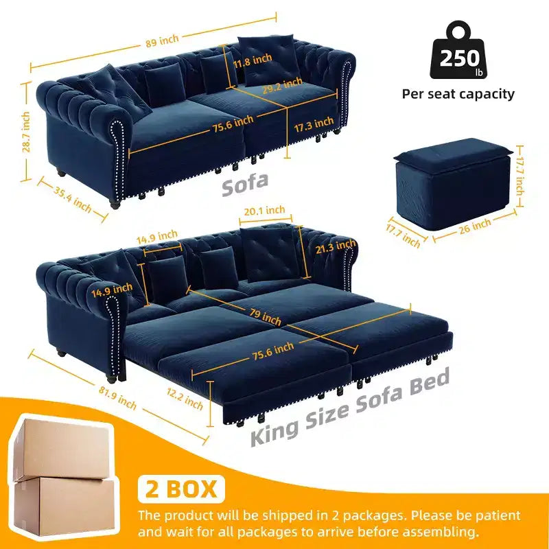 Divano Letto Estraibile 3-in-1 King Size in Velluto Whisen e Divano Letto Convertibile con Ottomana Mobile, Design Trapuntato
