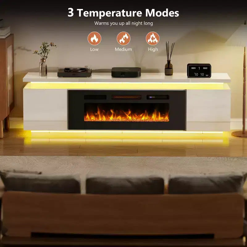 Mobile TV Skyzoo con camino elettrico per TV fino a 80" con luci a LED e 4 prese CA, console TV per soggiorno