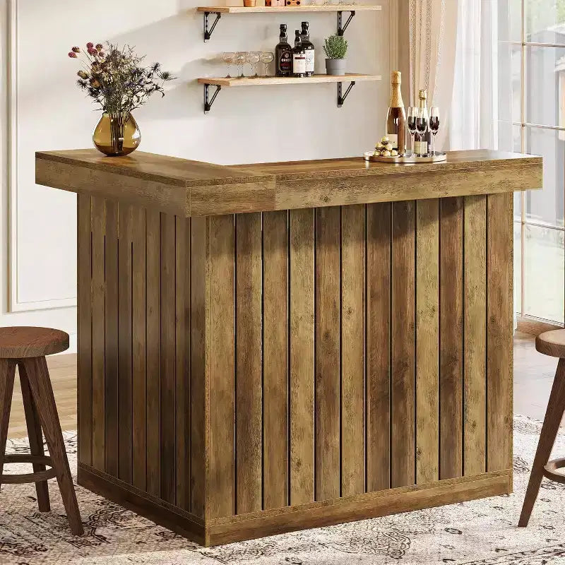 Bar de salon en L Lantine, bar à liqueurs d'angle à 4 niveaux avec étagères de rangement et porte-verres à vin pour pub à domicile