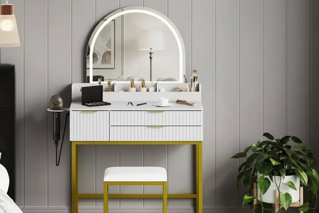 Toeletta con specchio e luci, specchio con LED integrati, ampi cassetti portaoggetti per cosmetici e prodotti da bagno