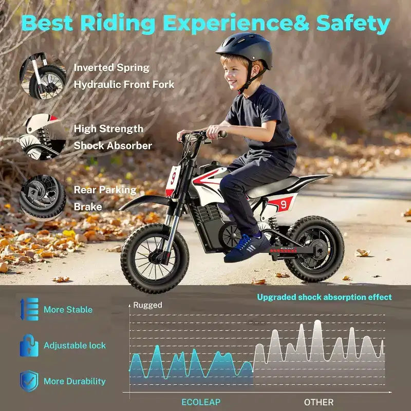 ECOLEAP K1 Moto da cross elettrica per bambini 36V 25 km/h veloce, autonomia 22 km, motore di picco 700W, 3 modalità di velocità, pneumatici fuoristrada da 12 pollici, certificazione UL, età 3-10 anni