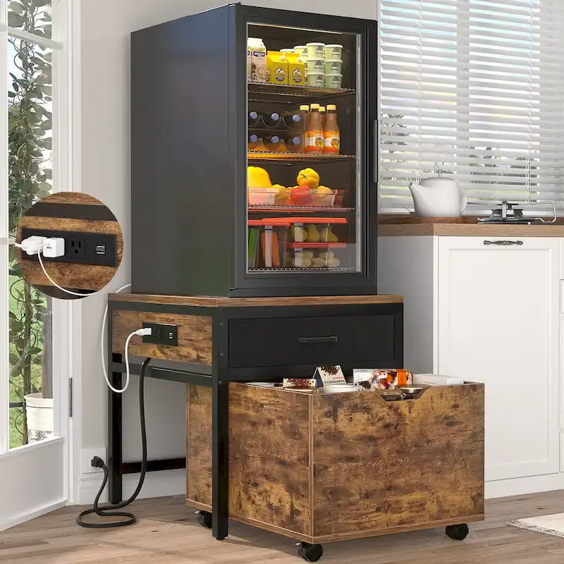 Mini Frigo con Stazione di Ricarica, Tavolino Laterale con Cassetti e Mobiletto su Ruote