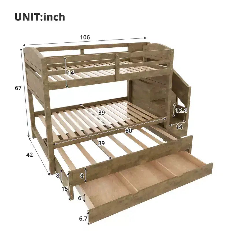 Whisen Letto a castello Twin XL con rotelle estraibili, letto a castello con contenitore, letto a castello in legno massello, scala con contenitore, armadio, 3 cassetti, per bambini