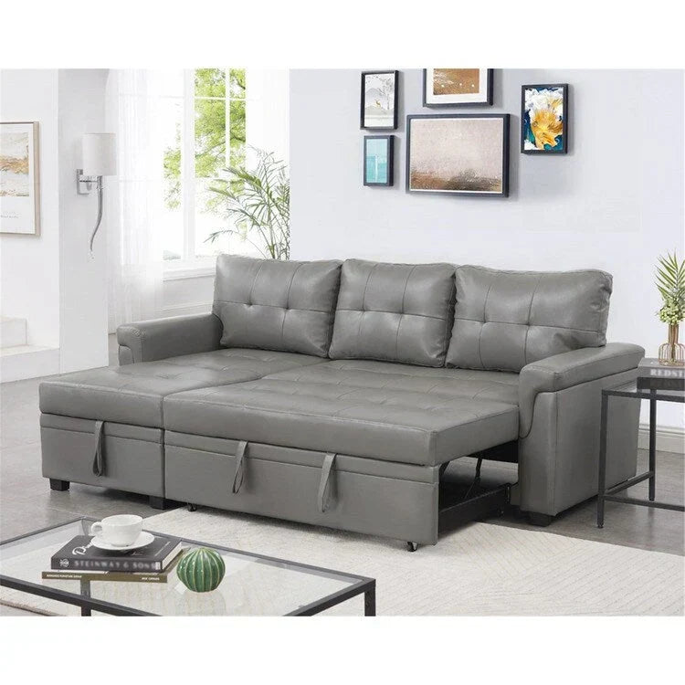 Divano componibile convertibile reversibile con letto estraibile, chaise longue con contenitore nascosto e gambe durevoli