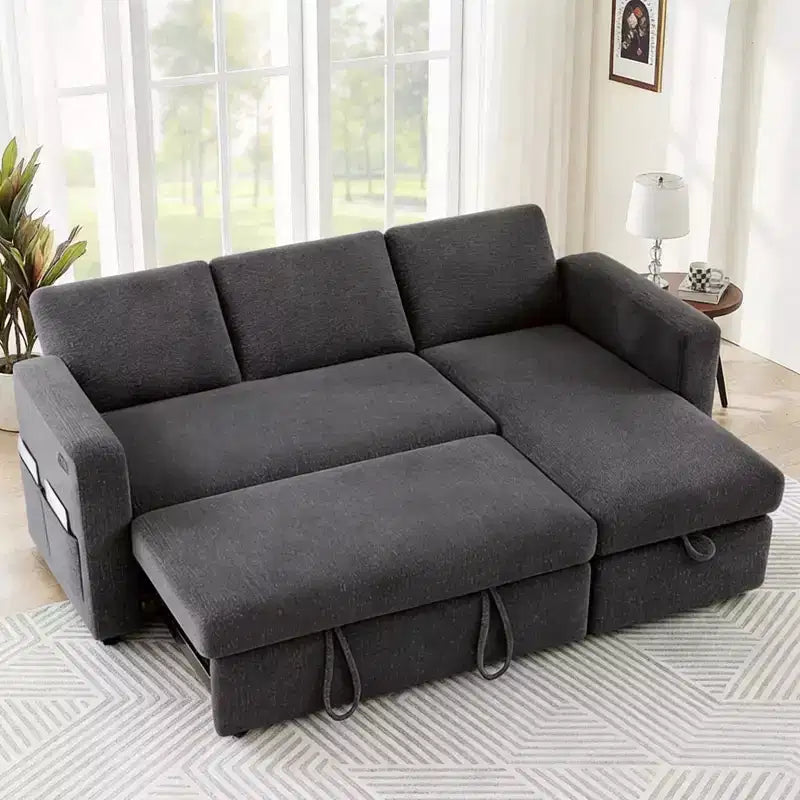 Canapé-lit convertible 2-en-1 avec méridienne de rangement, canapé d'angle en chenille avec ports USB pour salon