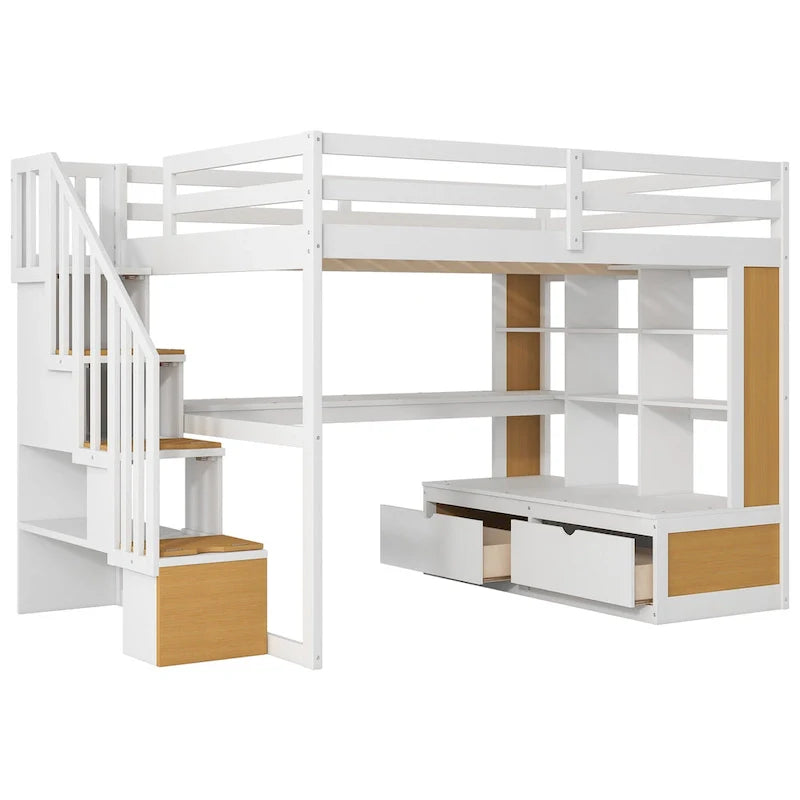 Letto a soppalco in legno massello naturale + bianco con scrivania e cassetti