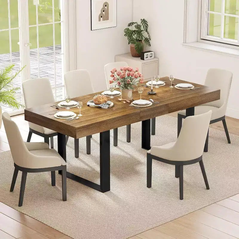 Zevemomo Tavolo da Pranzo Espandibile 63-78.7, Tavolo da Cucina Rettangolare per 6-10 Persone con Binario in Metallo, Gambe Affusolate a U per Sala da Pranzo, Ufficio-Marrone