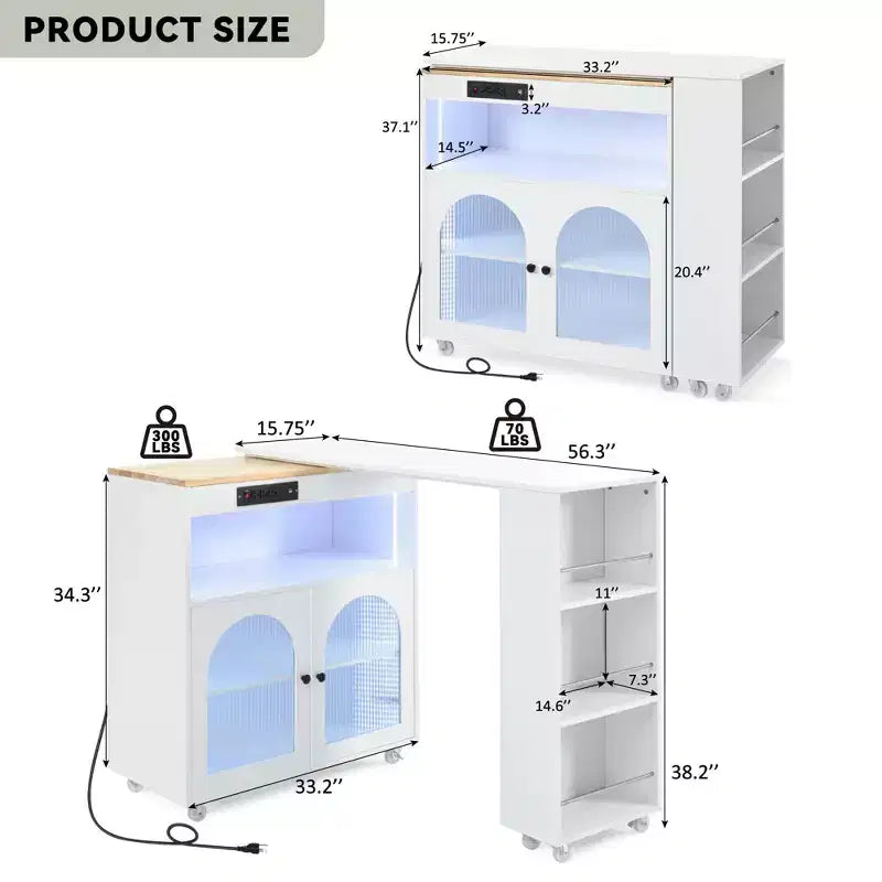 Isola da Cucina con Ruote e 2 Ante in Vetro, Carrello da Cucina con Tavolo Estensibile e Prese di Corrente, Isola da Cucina con Ripiani Laterali Aperti