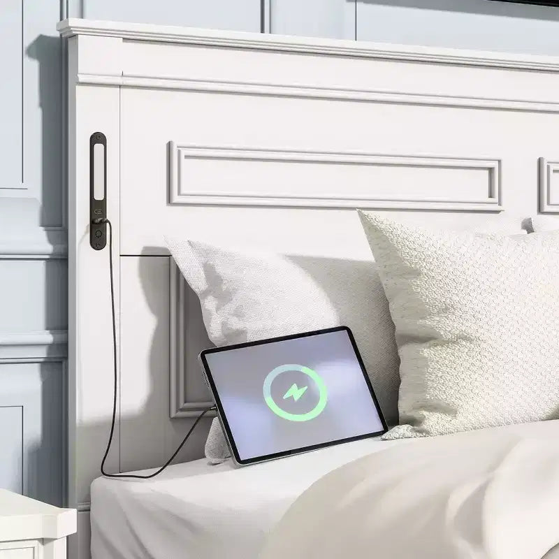 ModernLuxe Letto a Piattaforma Queen/King Size con Testiera Alta, Struttura Letto Rustica in Legno con 2 Cassetti, Luci LED e Porte USB