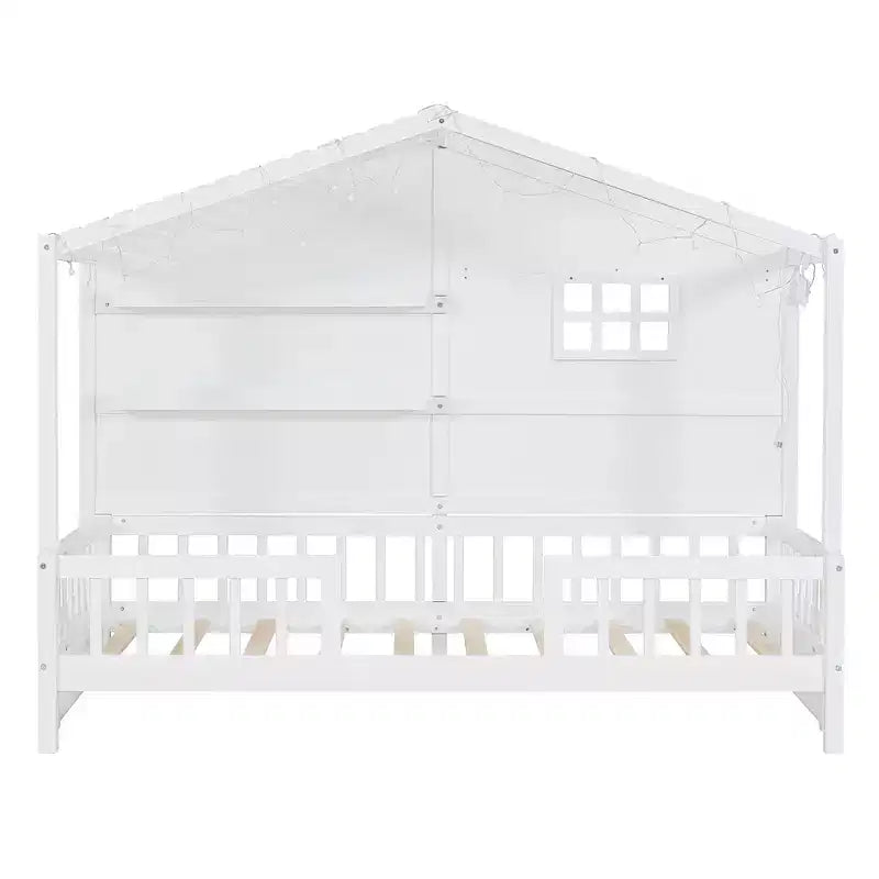 Letto a capanna per bambini con scaffali e sponde, Struttura letto in legno stile Montessori per bambini con finestra e striscia luminosa scintillante