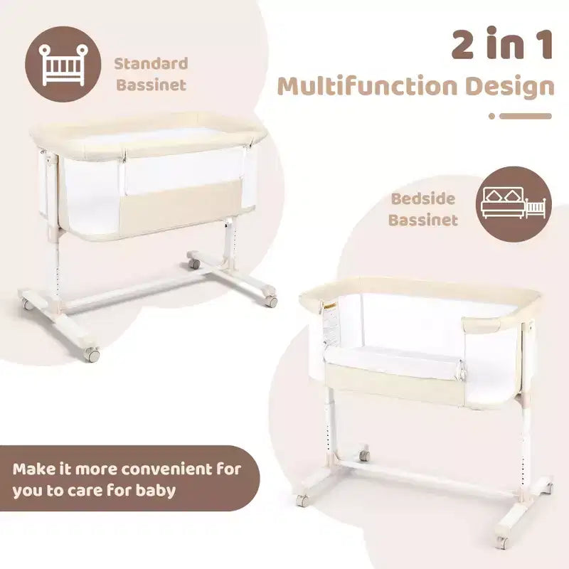 Culla Neonato con Ruote – Beige / Grigio / Rosa, Culla Fianco Letto, per 1 Neonato