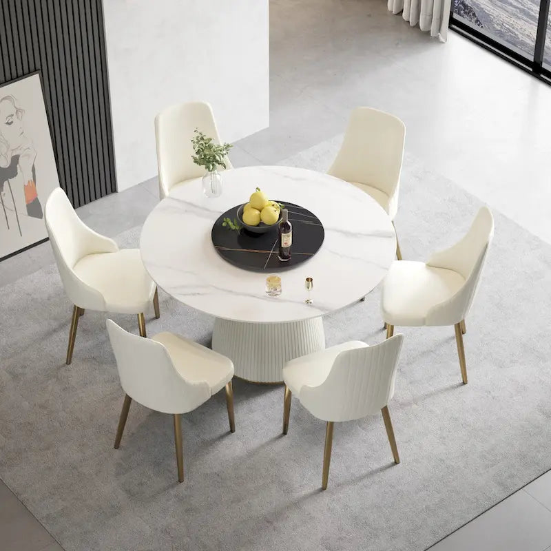 Tavolo da pranzo rotondo da 53" per 6 persone con piano in pietra sinterizzata e Lazy Susan