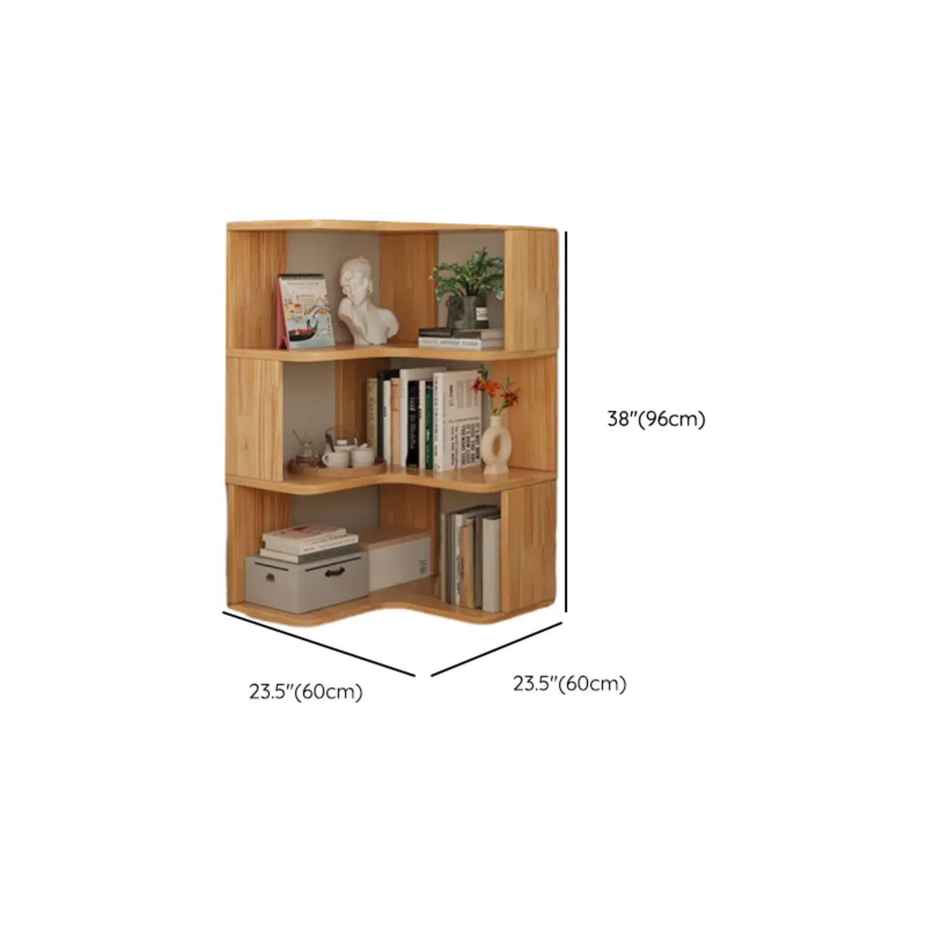 Libreria verticale angolare in legno con schienale aperto e finitura naturale