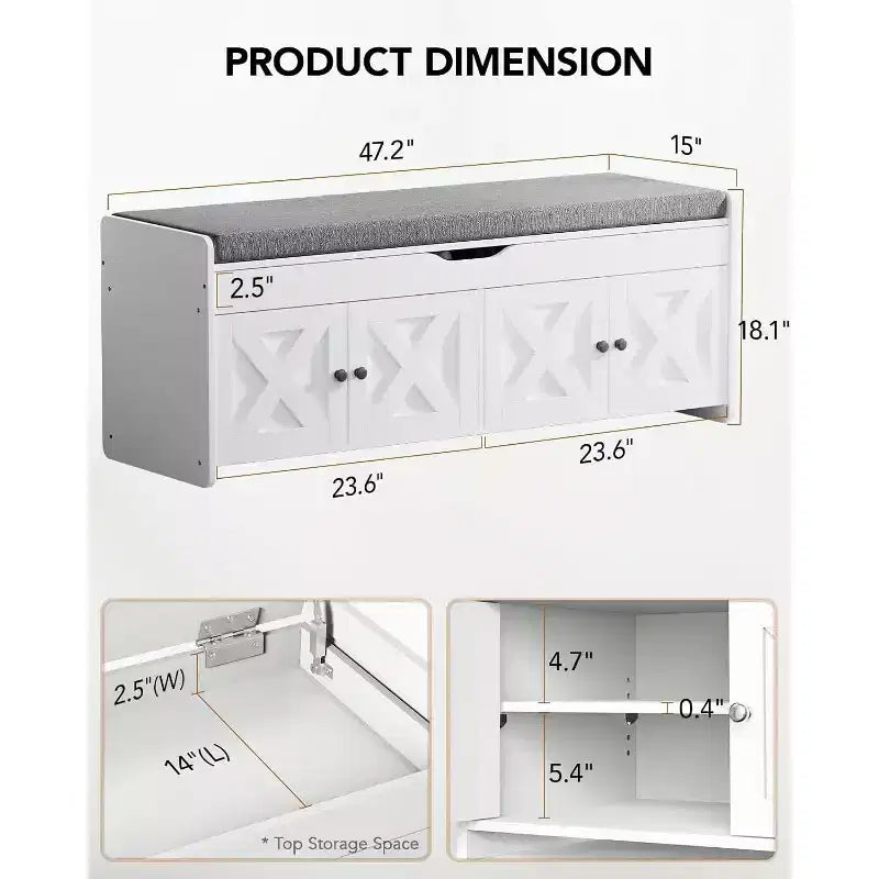 Panca scarpiera, panca da ingresso lunga 120 cm con seduta imbottita con coperchio sollevabile, 4 ante, capacità 136 kg, panca con scarpiera per ingresso