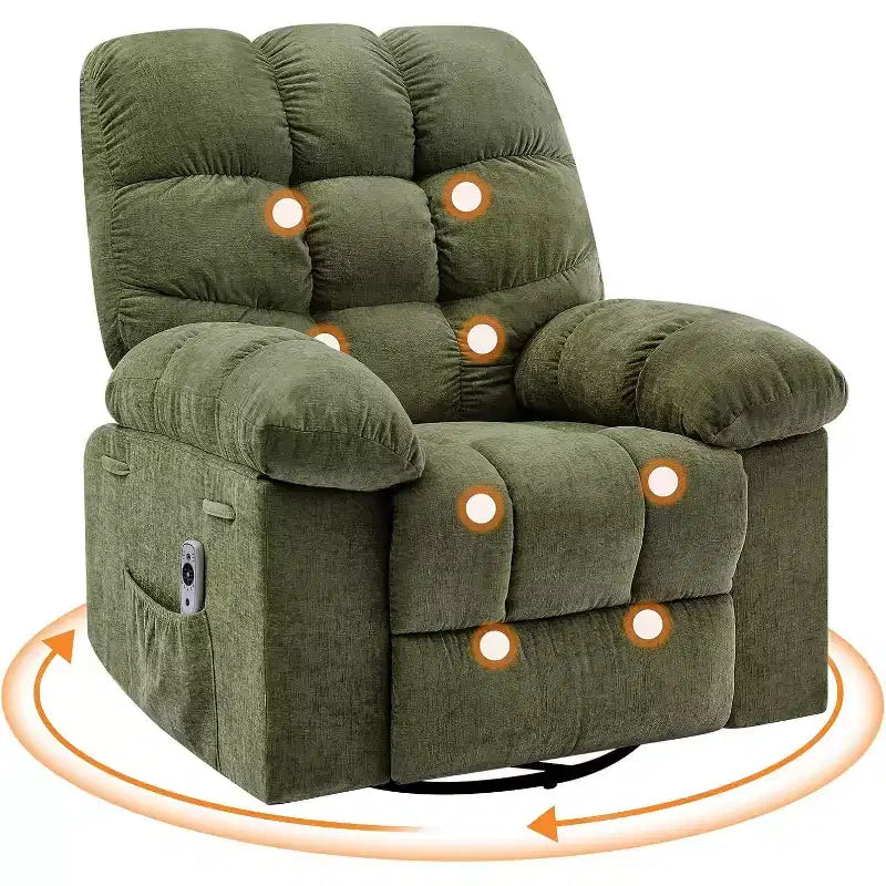 Poltrona Reclinabile Massaggiante con Calore - Girevole a 360°, Dondolo, Divano Singolo Oversize con Vibrazione, USB e Tasche Contenitore per Soggiorno/Camera da Letto
