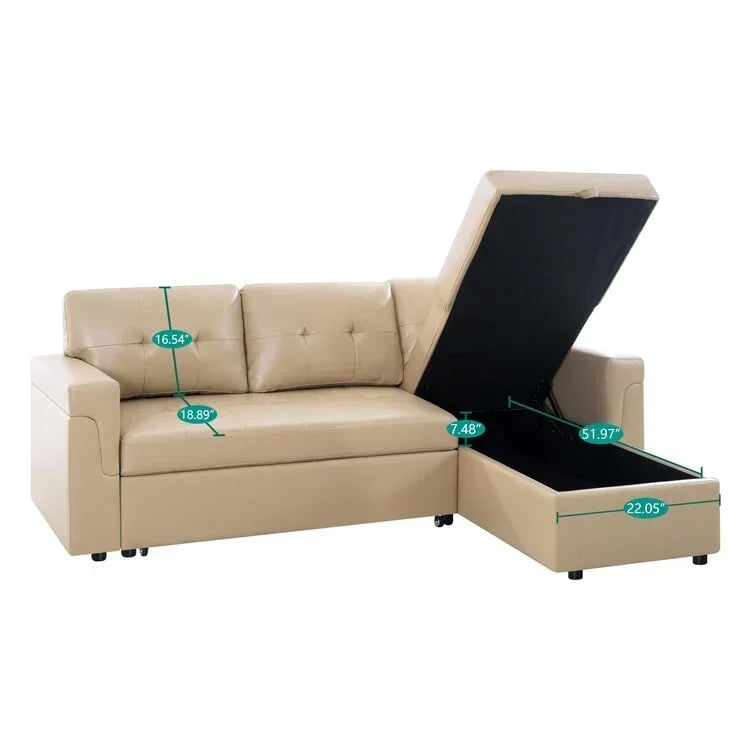 Divano componibile convertibile reversibile con letto estraibile, chaise longue con contenitore nascosto e gambe durevoli