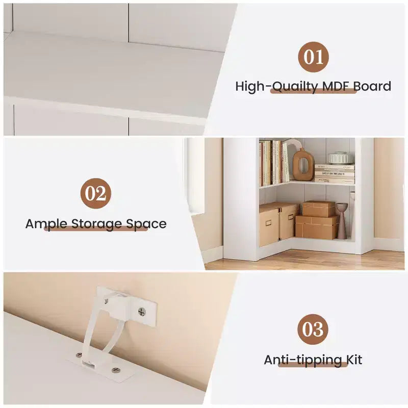 Libreria angolare a 5 ripiani a forma di L, in stile retrò, Bianco/Nero/Legno, singola