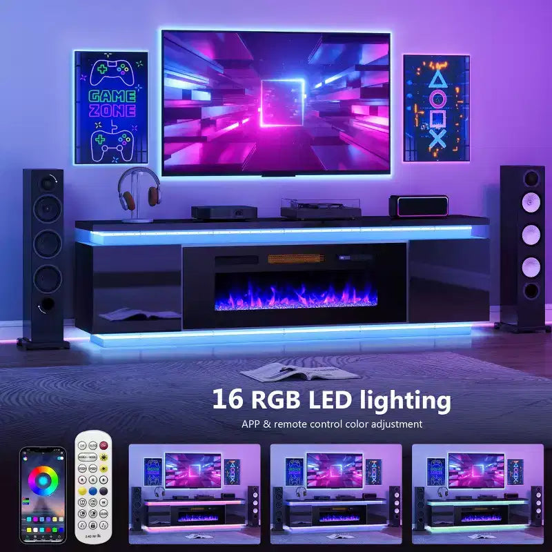Mobile TV Skyzoo con camino elettrico per TV fino a 80" con luci a LED e 4 prese CA, console TV per soggiorno