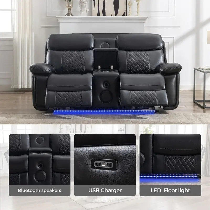 Divano reclinabile elettrico con caricabatterie wireless, luce di lettura, luce LED per soggiorno, similpelle, porta AC/USB, portabicchieri, nero