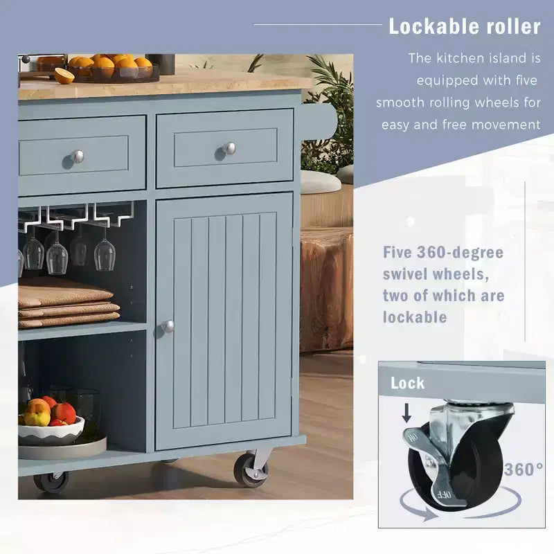 Isola da Cucina Mobile con Presa di Corrente, Piano Ribaltabile e Top in Legno di Gomma