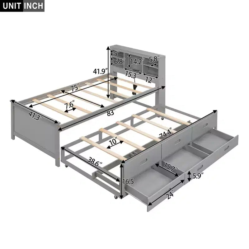 Letto a piattaforma con letto estraibile e cassetti, Letto a piattaforma contenitore con USB, Letto a piattaforma in legno con libreria