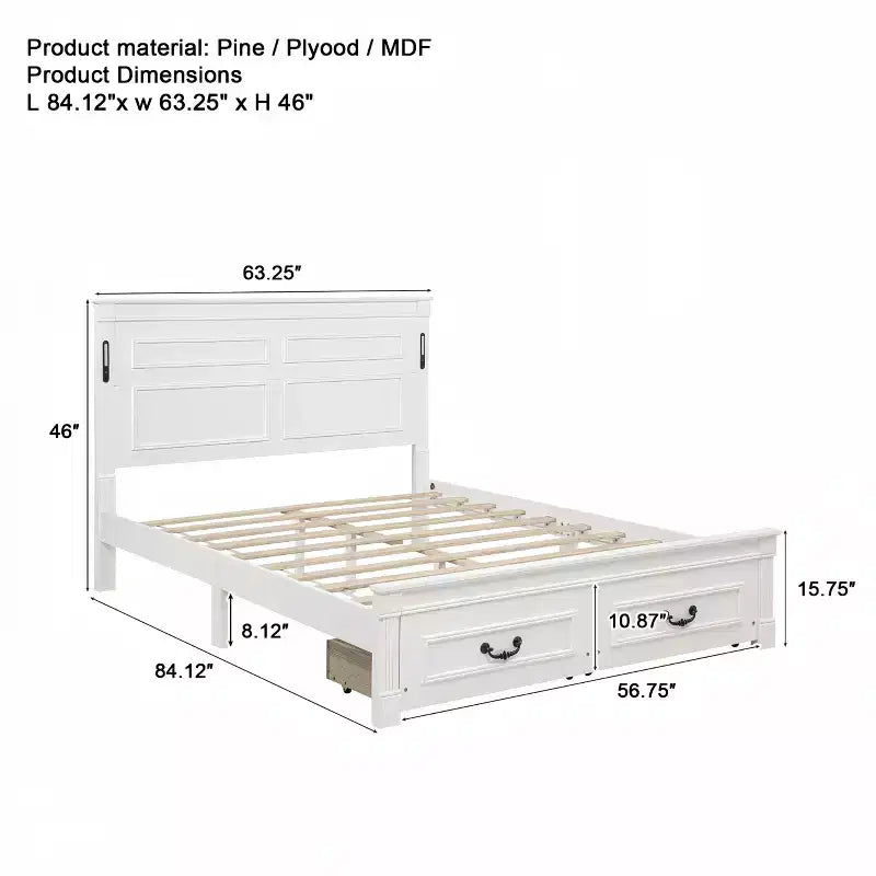 ModernLuxe Letto a Piattaforma Queen/King Size con Testiera Alta, Struttura Letto Rustica in Legno con 2 Cassetti, Luci LED e Porte USB