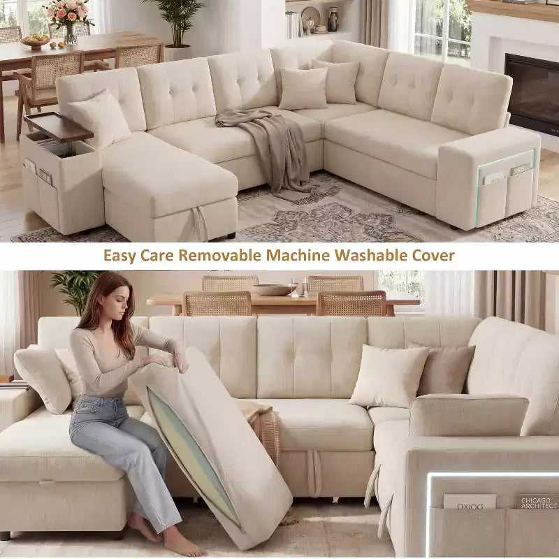 Divano letto componibile modulare Dyonery 112 con letto estraibile, divano componibile a U con contenitore, divani con seduta extra ampia e profonda per soggiorno