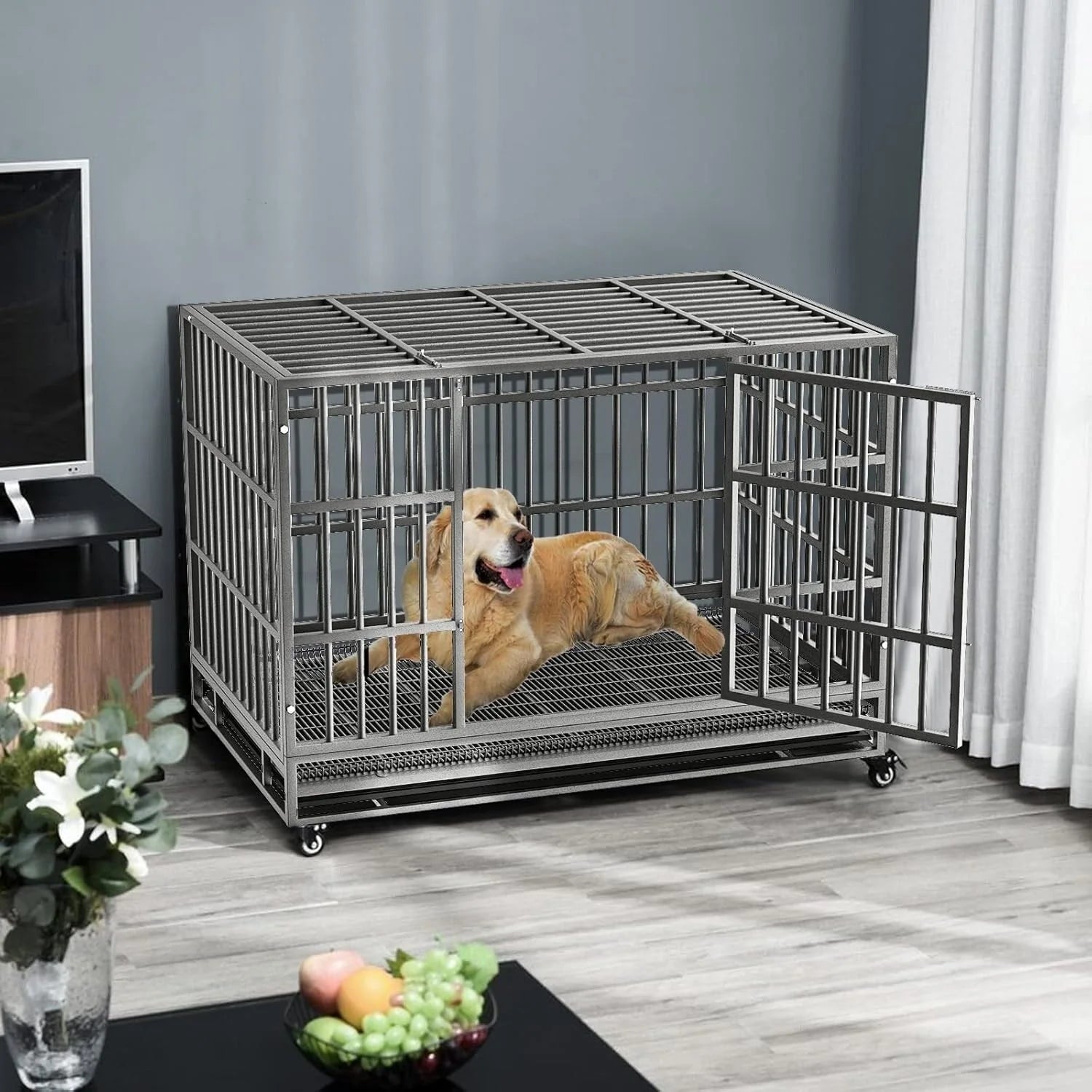 BOSSIN Trasportino/Gabbia/Panca per Cani Indistruttibile Resistente da 48/38 Pollici, Anti-Fuga, con Ruote Bloccabili
