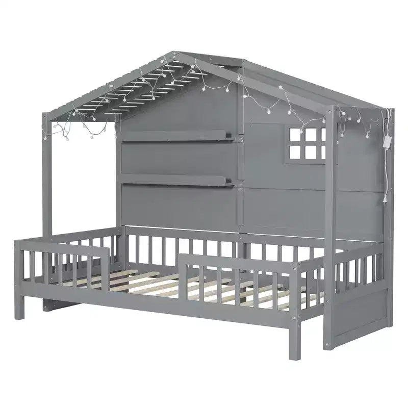 Letto a capanna per bambini con scaffali e sponde, Struttura letto in legno stile Montessori per bambini con finestra e striscia luminosa scintillante
