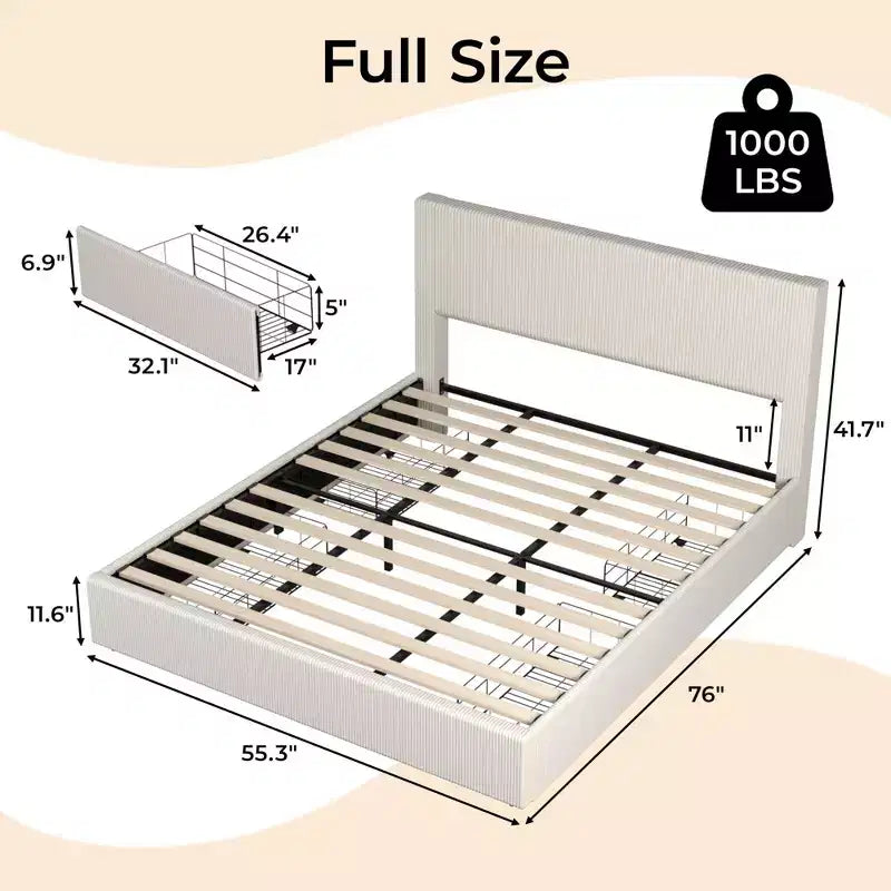 CuisinSmart - Struttura letto in velluto a coste con testiera, struttura letto imbottita con piattaforma con 4 cassetti portaoggetti e supporto a doghe in legno