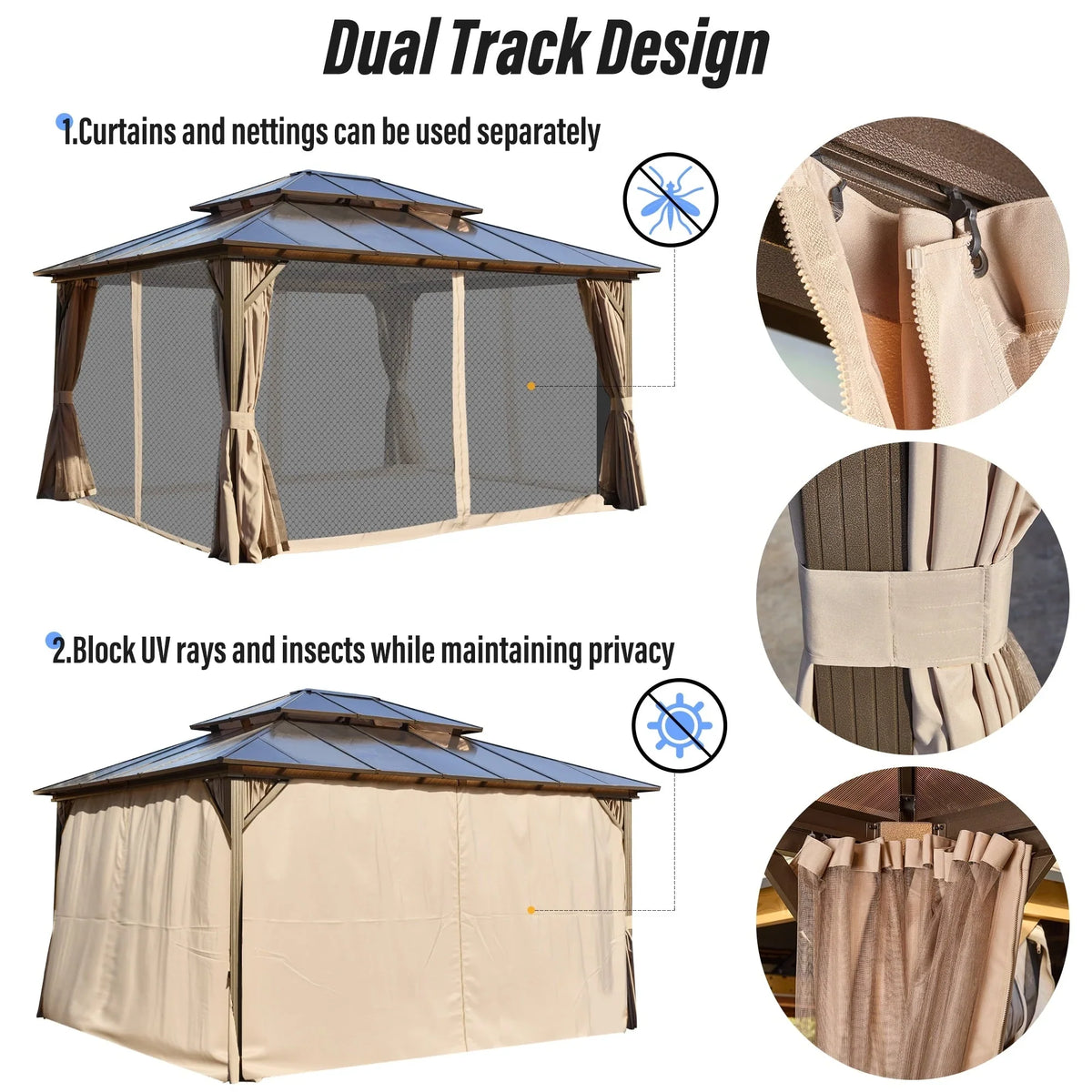 EROMMY Gazebo a tetto rigido, Pergola da esterno con doppio tetto, zanzariere e tende, Tenda da sole resistente per patio, cortile, feste in piscina