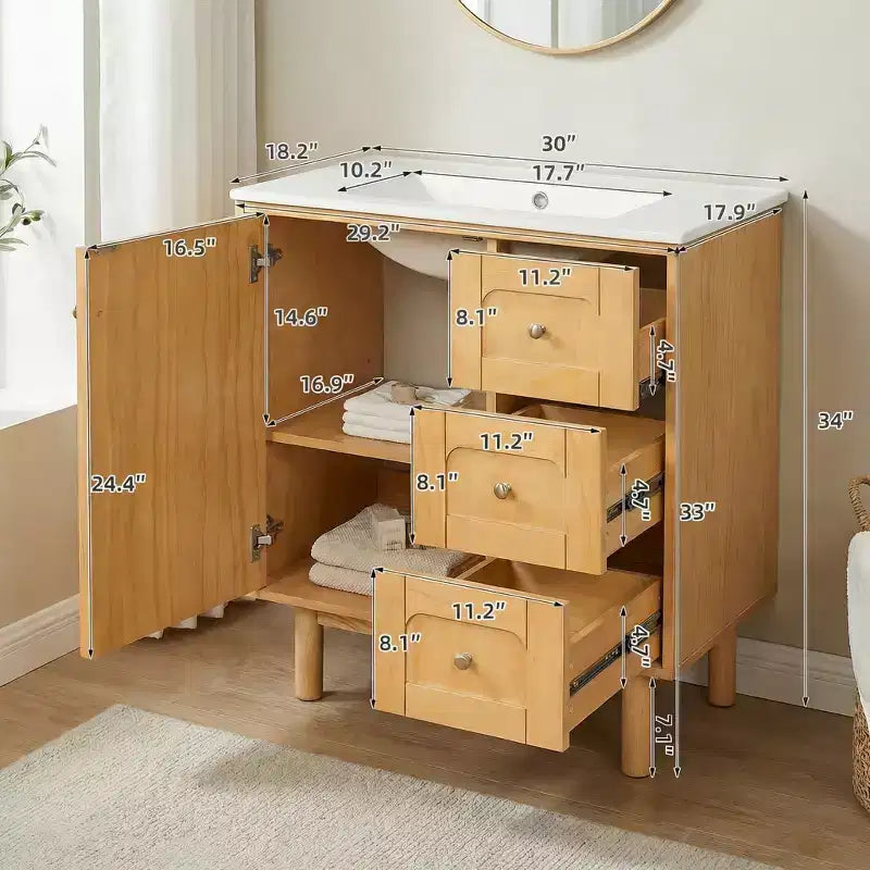 Mobile lavabo JVNOXK da 30 pollici, rustico e moderno, in ceramica, con 3 cassetti e 1 anta grande con chiusura ammortizzata, mobile contenitore, venatura del legno naturale