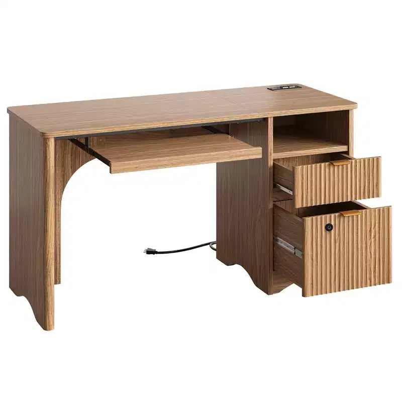 Scrivania Smart Bestier 55 per computer, scrivania da scrittura in rovere con cassetti portadocumenti e presa di corrente, scrivania direzionale con vani a giorno e vassoio per tastiera