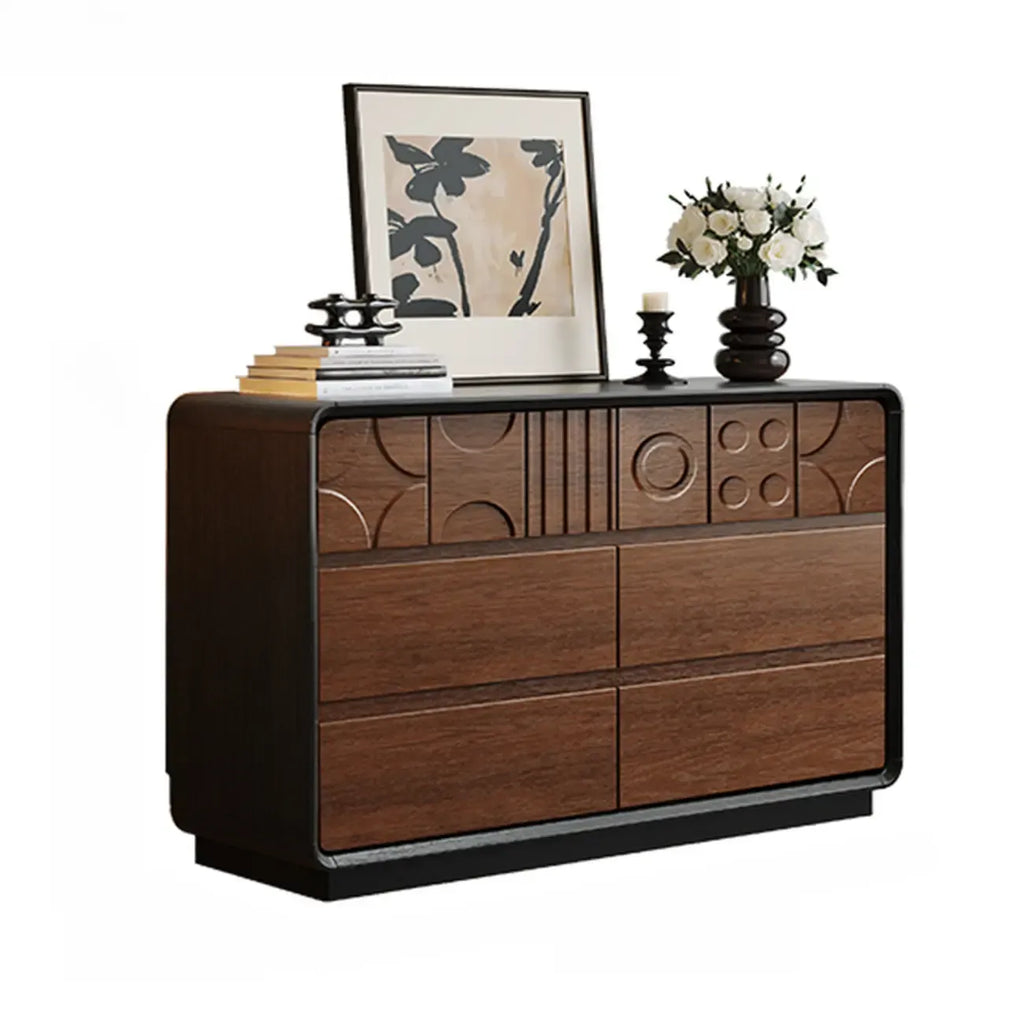 Cassettiera in legno ispirata all'Art Déco con intagli geometrici