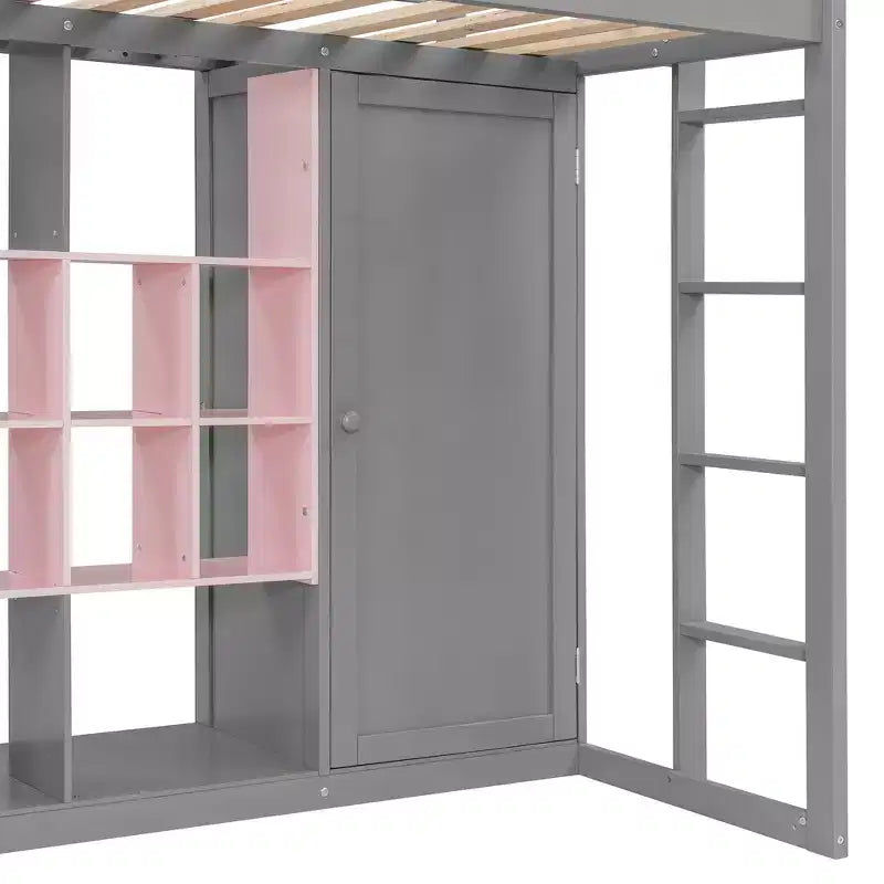 Letto a soppalco per bambini con armadio e mensole, Struttura in legno per letto a soppalco con mobiletto contenitore per bambini e ragazzi