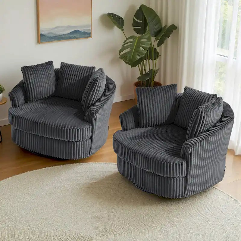 Set di 2 Poltrone Girevoli a Barilotto Oversize da 43" in Velluto a Coste Felpato con Cuscini