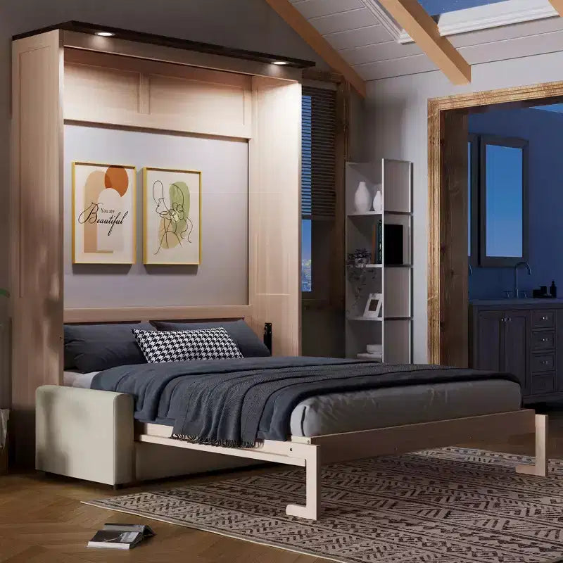 Letto a scomparsa Queen Size con divano, letto a scomparsa in legno Queen con luce LED, letto a cassapanca pieghevole con per camera degli ospiti, Beige