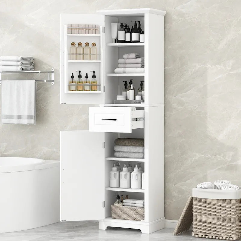 Mobiletto da bagno autoportante con 2 ante, ripiani regolabili e vano portaoggetti sull'anta, organizer da bagno alto