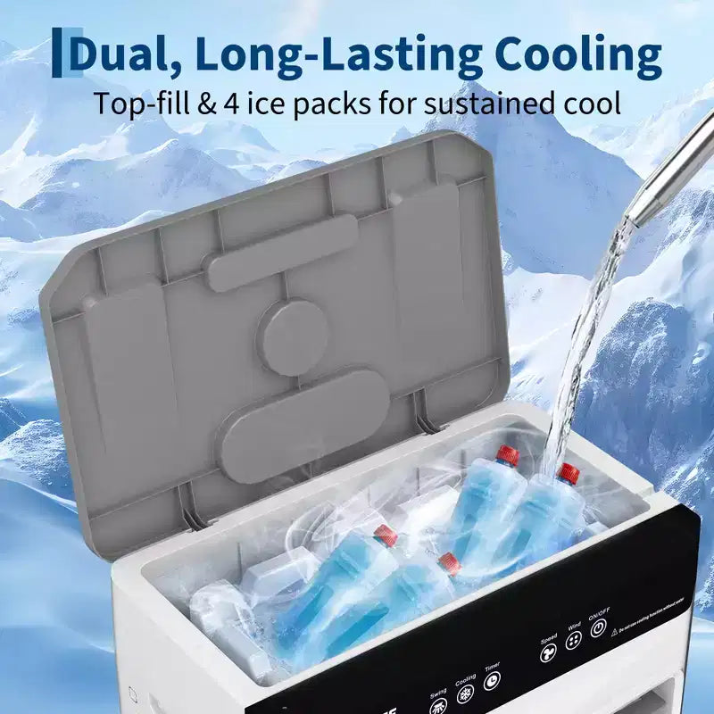 Raffrescatore Evaporativo con Serbatoio dell'Acqua, 4 Sacchetti di Ghiaccio, 3 Velocità, Oscillazione di 120°, Telecomando e Timer di 12 Ore, 150W Portatile da Pavimento