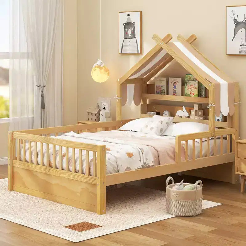 Letto a Capanna ModernLuxe per Bambini, Misura Singola/Piazza e Mezza, in Legno con Testiera Contenitore, Struttura in Pino Massiccio con Sponde di Protezione