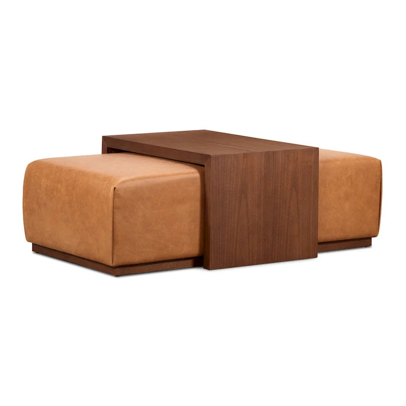 Pouf Jarmo Poly & Bark con Tavolino Regolabile in Noce - Vera Pelle Italiana Pieno Fiore