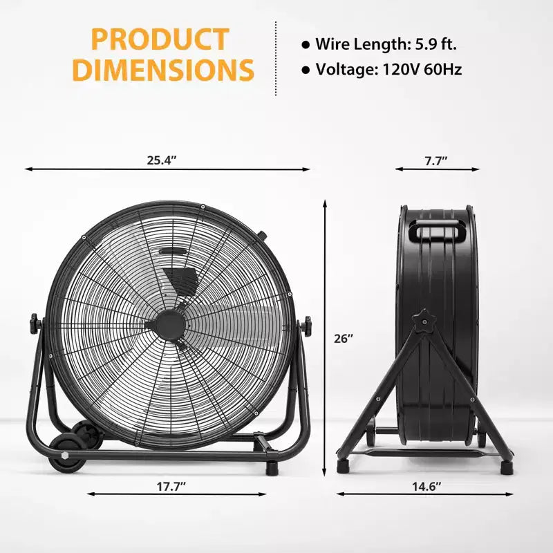 Ventilatore da Pavimento, Ventilatore Industriale - Ventilatore a Tamburo Robusto da 24 Pollici con 4 Velocità, Circolatore d'Aria in Metallo per Magazzino, Officina, Garage, Fabbrica, Cantina