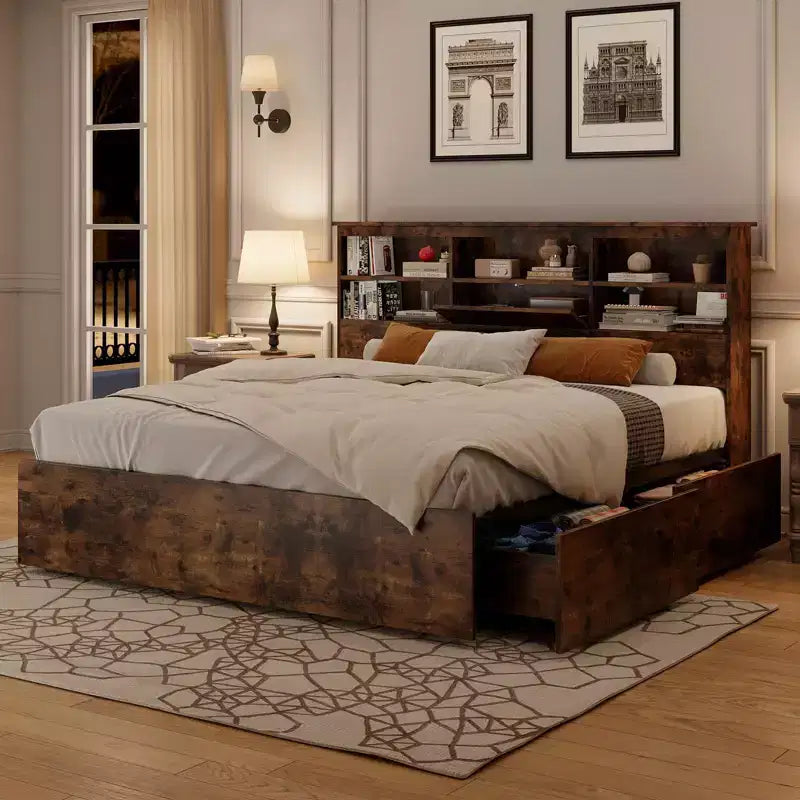 Struttura Letto Matrimoniale con Testiera Contenitore, Struttura Letto in Legno con 4 Cassetti, Libreria Contenitore e Letto a Piattaforma King Size con Robusto Supporto in Metallo