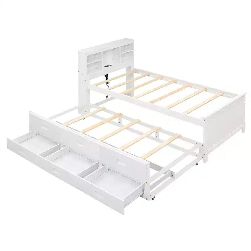 Letto a piattaforma con letto estraibile e cassetti, Letto a piattaforma contenitore con USB, Letto a piattaforma in legno con libreria