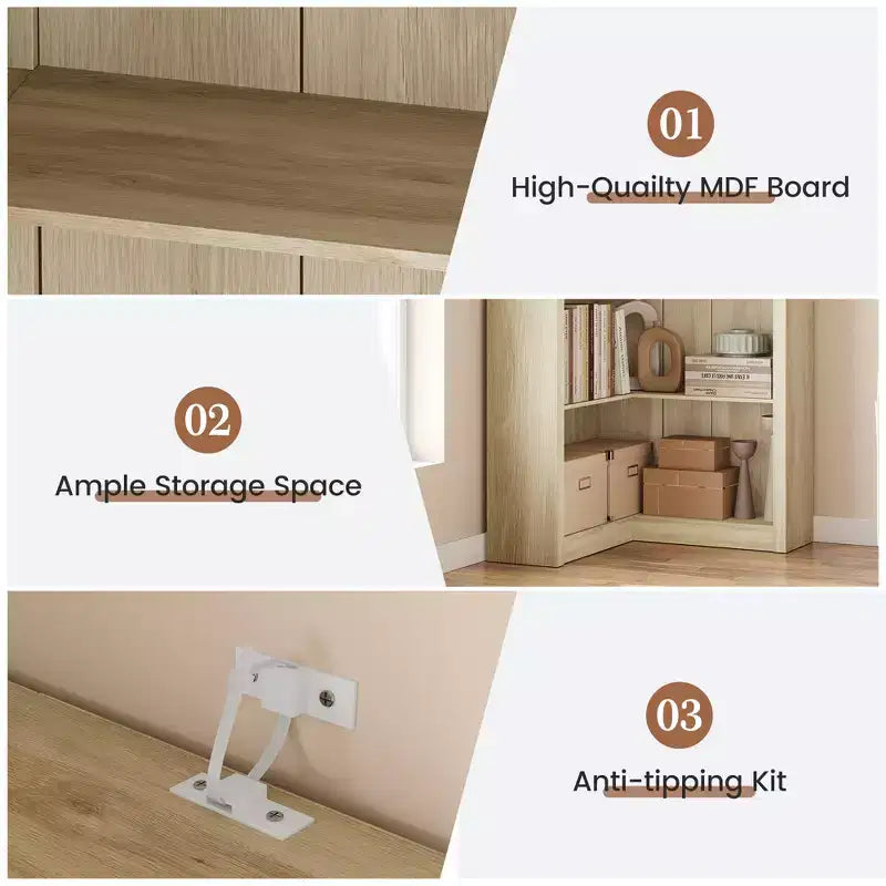 Libreria angolare a 5 ripiani a forma di L, in stile retrò, Bianco/Nero/Legno, singola