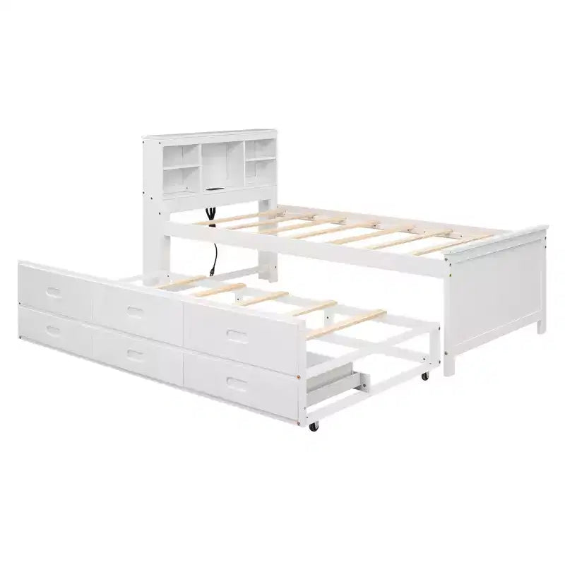 Letto a piattaforma con letto estraibile e cassetti, Letto a piattaforma contenitore con USB, Letto a piattaforma in legno con libreria